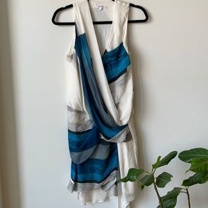 HELMUT LANG ivory and blue silk v beck shift dress